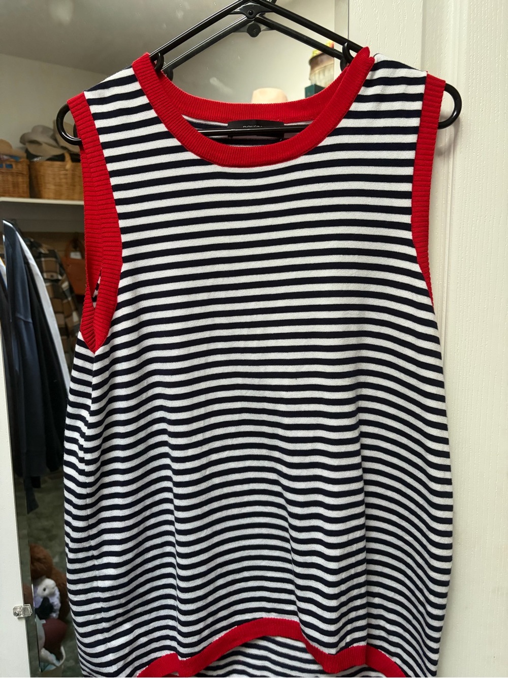 Sleeveless Striped Knit Tank with Red Trim
